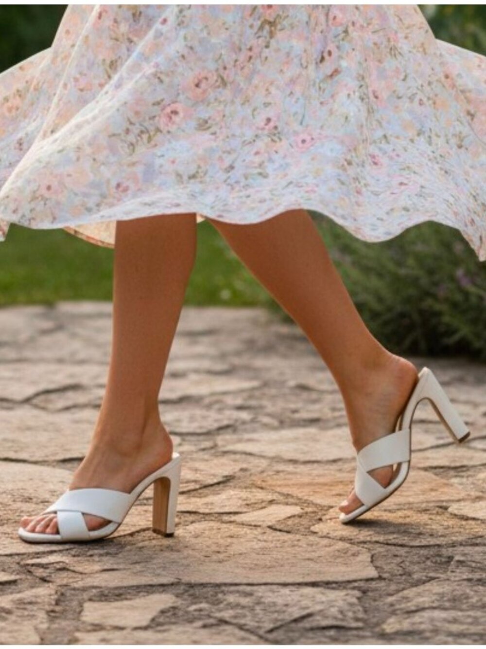 White Open-Toe Heeled Sandals With Cross-Strap Design & Square Toe By Anna